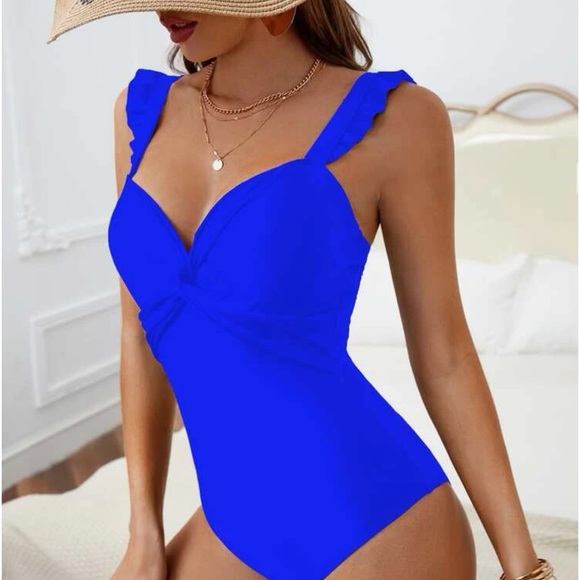 Other - Twist Front Ruffle Trim Royal Blue One Piece Swimsuit- NWT